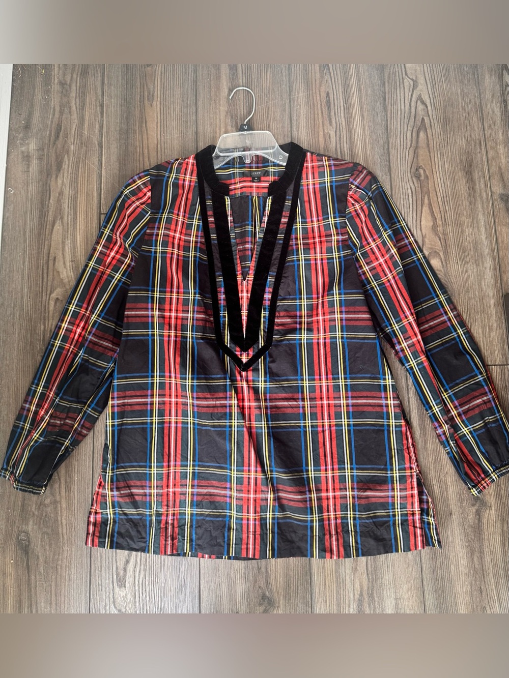 J. Crew Red Black Tartan Holiday Plaid Velvet-Trim Blouse